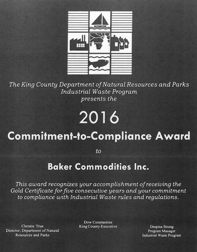 King County Natural Resources and Parks Industrial Waste Program Commitment-to-Compliance Award