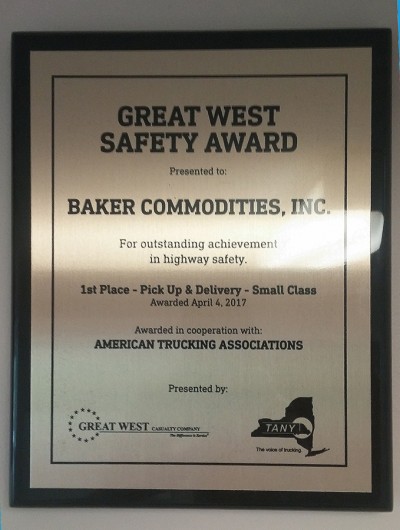 2016 Trucking Association of New York Fleet Safety Award for Small Class, Pick Up and Delivery
