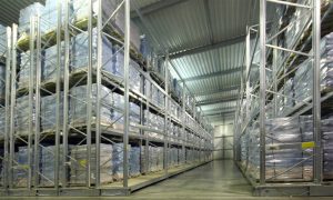 View of filled shelves in cold storage facility
