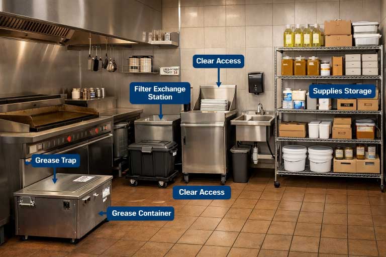 Diagram showing the main parts of a restaurant grease management system: used oil storage, fryer area, drain flow, grease trap, and service touchpoints