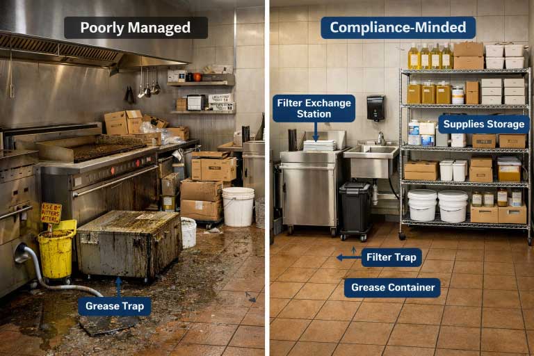 Comparison between poor and well-managed restaurant grease handling areas