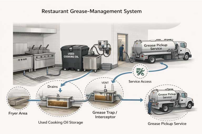Inspection-ready restaurant grease management setup with clean accessible equipment