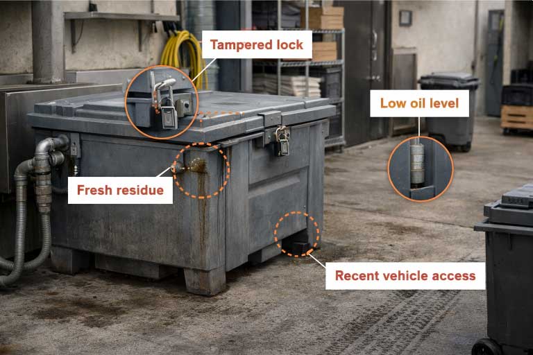 Comparison between exposed and secured used cooking oil storage areas at a restaurant